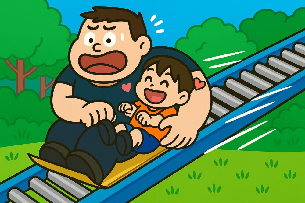 身長192cm・体重115kgのお父さんが次男（3才・20kg）を膝に乗せて公園のローラー滑り台を滑降中。恐怖の表情のお父さんとスピードを楽しむ次男のコミカルなイラスト。