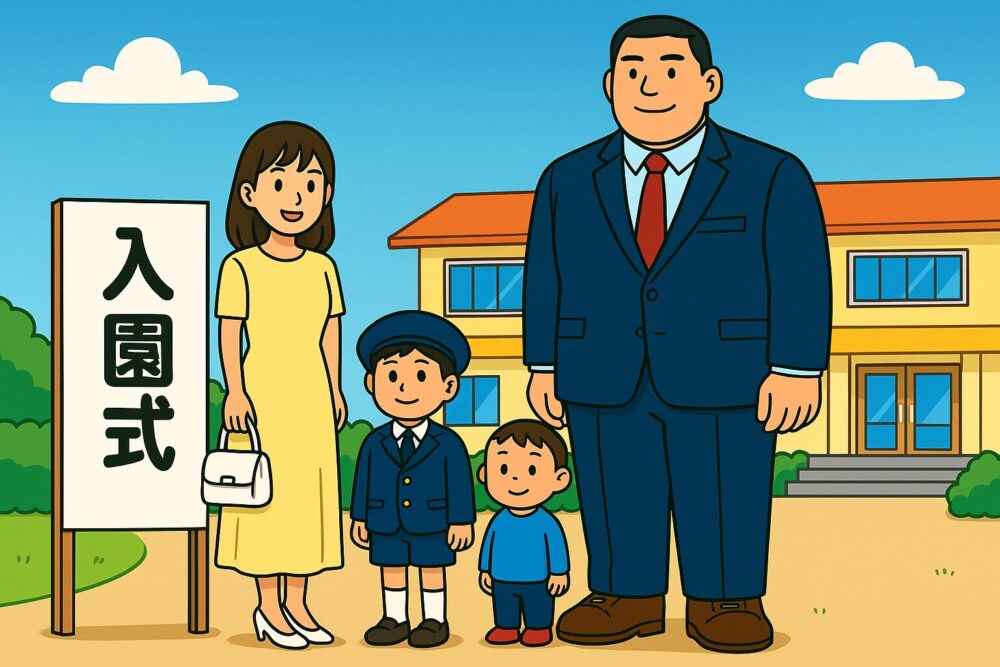 幼稚園の入園式で、家族4人が「入園式」と書かれた看板の前で記念写真を撮っている様子。父親（192cm、紺色スーツ・赤ネクタイ）が大柄で目立ち、母親（148cm、薄黄色のロングドレス）が小柄で可愛らしい対比が際立つ。長男（4才）は紺色の制服に紺のベレー帽、次男（2才）はブルーの服。背景には2階建ての幼稚園の建物が描かれている。