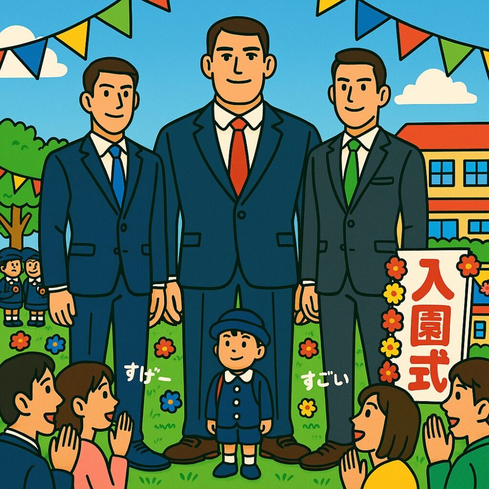 幼稚園の入園式で、190cm台の高身長なお父さん3人が園庭中央に並び、前には制服姿の次男(4才)が立っている。周囲には他の保護者たちが集まり、「すげー」「すごい」とヒソヒソ話をしている様子。