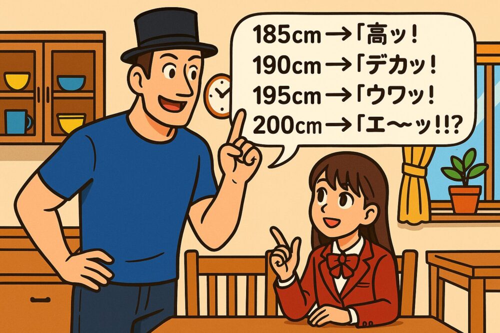 自宅ダイニングで、細マッチョな高身長のタッカーズ（身長192cm）のおじさんが、女子高生の姪っ子（身長160cm）に「185cm→高ッ！」「190cm→デカッ！」「195cm→ウワッ！」「200cm→エ〜ッ!?」と、高身長男子に対する周囲の反応の違いを説明しているシーン。姪っ子は憧れの眼差しで話を聞いている。