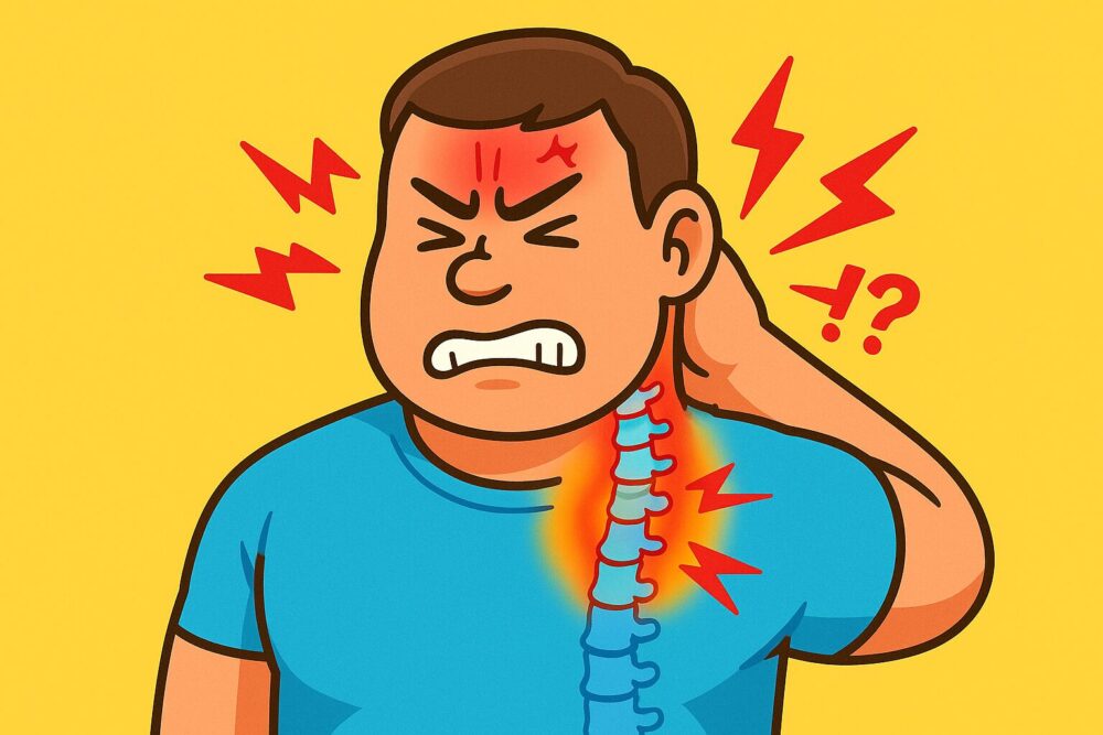 青いシャツを着た大柄な男性（デカたま様）が、首の後ろを押さえて苦しそうな表情をしている。 首から肩にかけての脊椎がイラストで強調され、赤い稲妻マークや痛みの表現が複数描かれている。 頭部にも痛みの赤いマークがあり、頸椎ヘルニアによる頭痛と首の痛みを表現したイラスト。