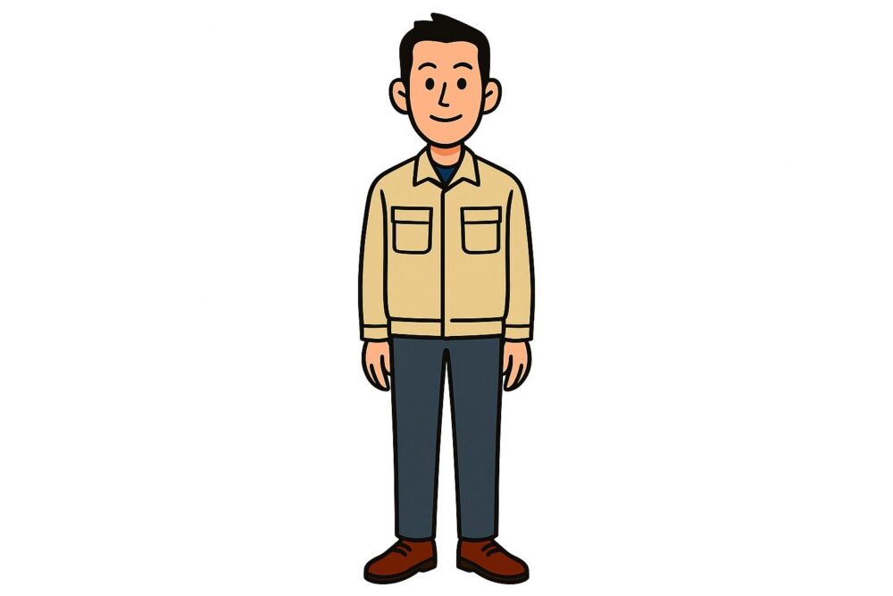 170cmの平均身長の男性社員が正面を向き、これから同僚と背比べしようとしている場面のイラスト。