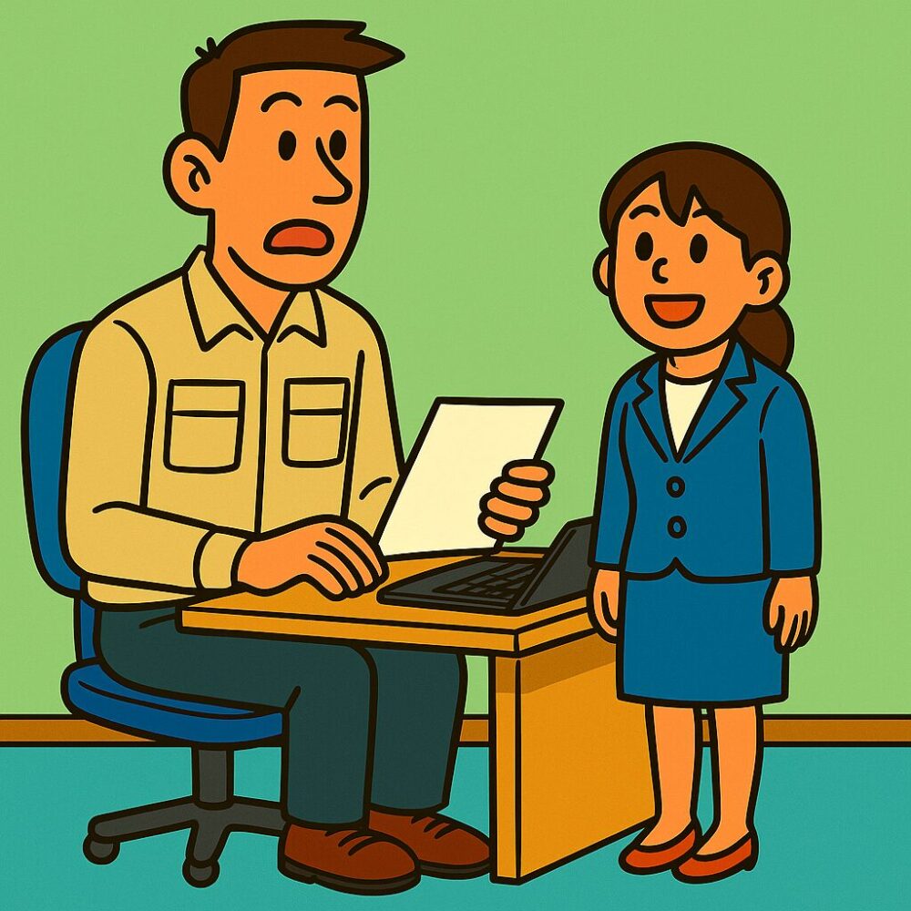 社内でパソコン作業中の大柄な男性社員(座高が高く目線ズレ族)と、小柄な新入社員の女性が並んで立ち、座っている男性と立っている女性の目線の高さがちょうど同じになっているシーンのイラスト。