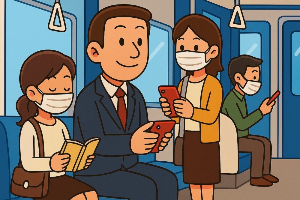 電車内でマスクを着用した乗客たちが座席に座ったり、出入り口の脇に立ったりしてスマートフォンや本を見ている様子。手前に座高の高い男性と、本を読む女性が座り、オレンジ色のカーディガンを着た小柄な女性がスマートフォンを見ながら立っている。