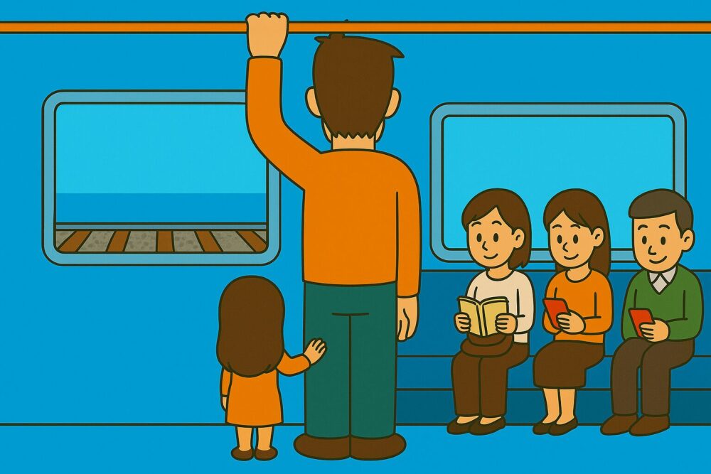 満席の電車内で、座席前に立つ背の高い男性（タッカーズ）と小柄な女性（奥さん）の後ろ姿。男性は吊革の上のバーをつかみ、女性は男性のズボンをつかんで立っている。窓からは線路が見えており、座席には他の乗客が座っている。
