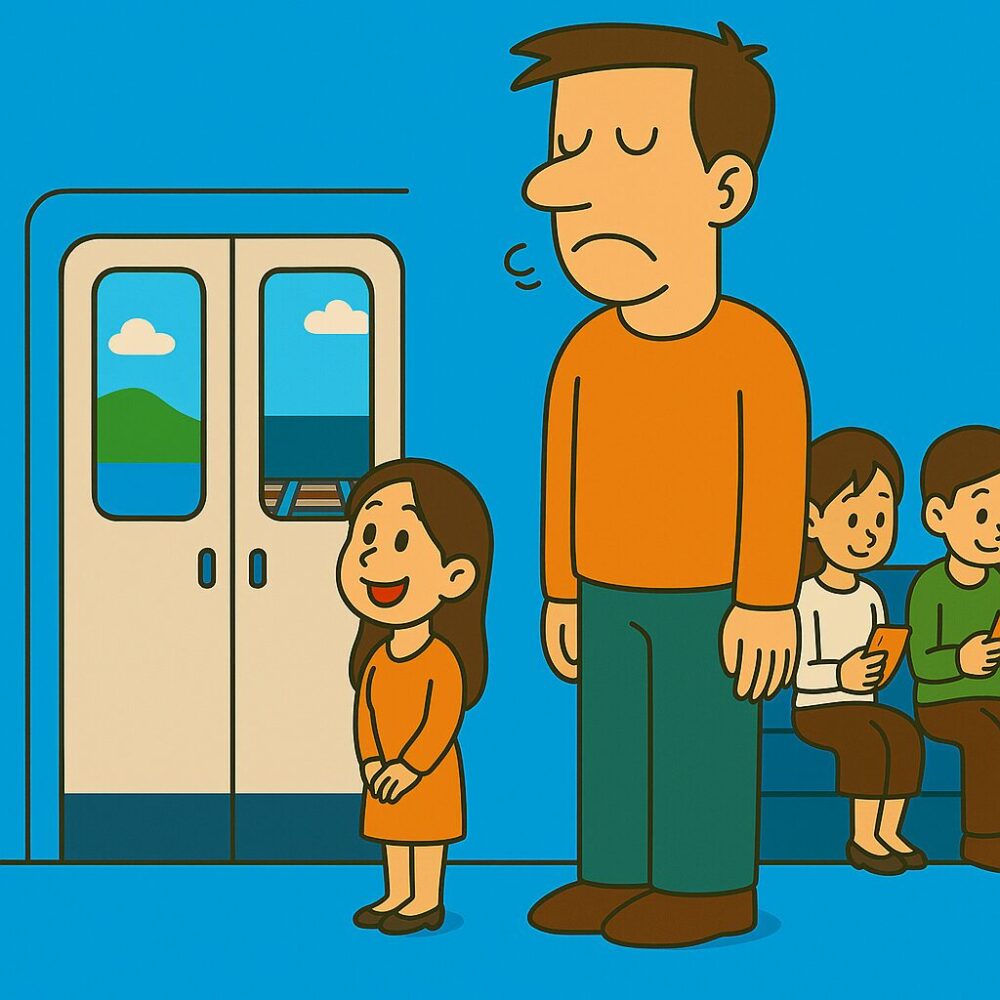電車内で身長1.92mのタッカーズの男性が出入り口付近に立っているが、窓が低いため目の前にはレールしか見えず困った表情。一方、隣にいる身長148cmの妻は外の景色(山や雲)を楽しそうに見ている。背景には座席に座る乗客の姿も見える。