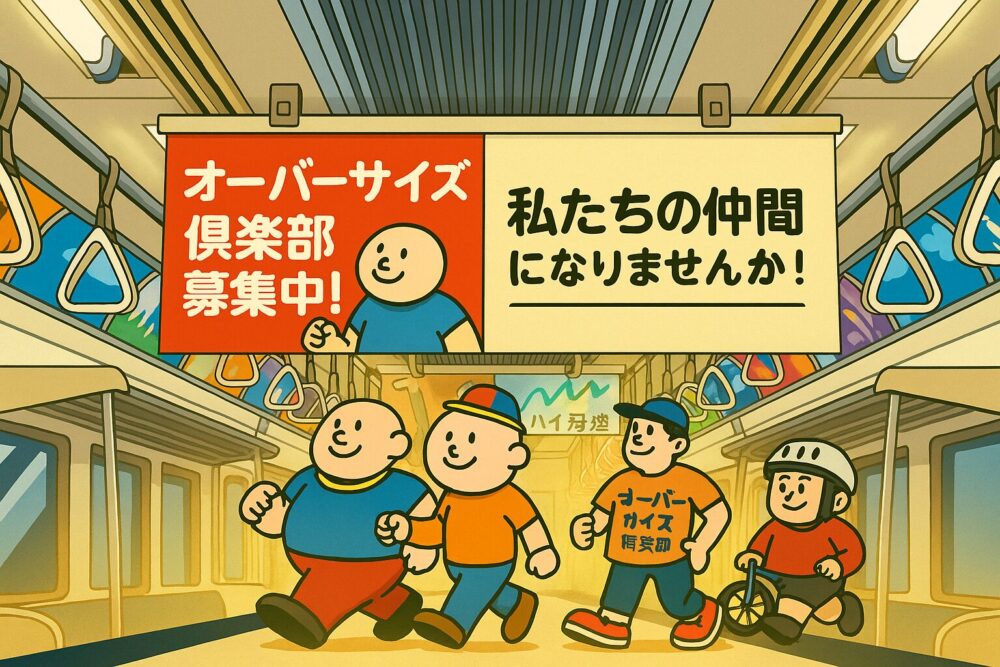 電車内の天井から吊るされた広告に「オーバーサイズ倶楽部募集中！私たちの仲間になりませんか！」と書かれている、明るくカラフルな電車内のイラスト。