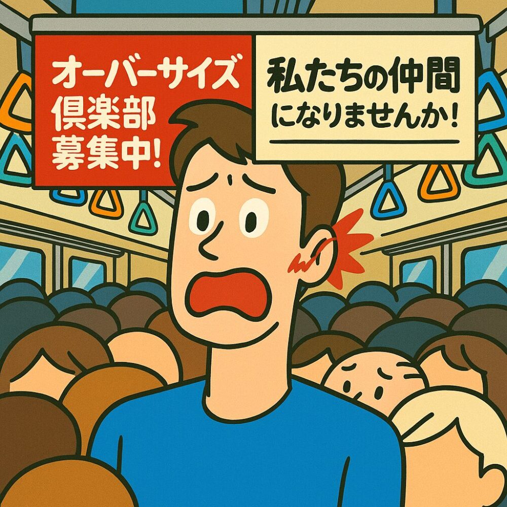 満員電車で吊り広告の端が耳に当たり、痛みに耐える背の高い男性のイラスト