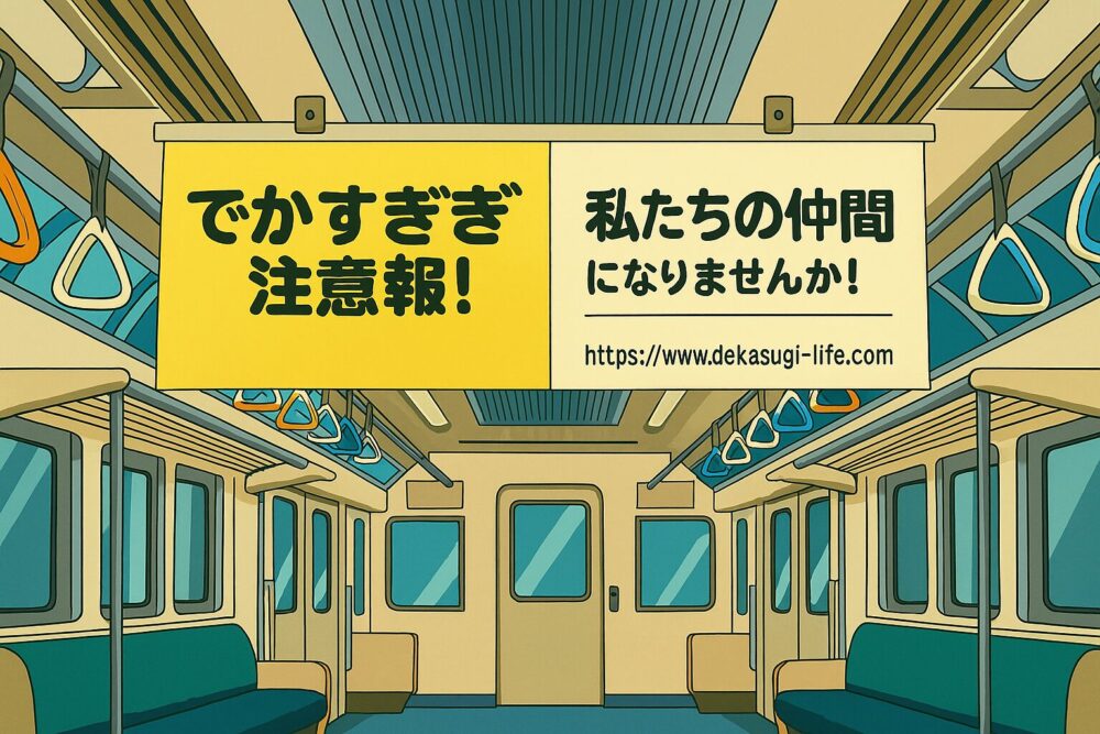 無人の電車内に吊るされた広告に「でかすぎ注意報！～でかいって生きづらいけど面白い～ブログ絶賛公開中　https://www.dekasugi-life.com」と書かれている。