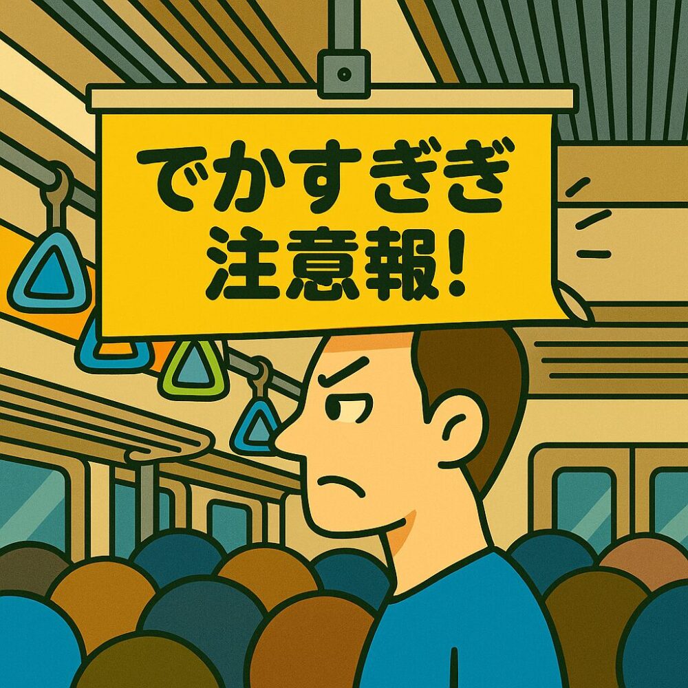 満員電車で吊り広告が頭に刺さってしまった高身長の若者を描いた、ユーモラスなデジタルイラスト。