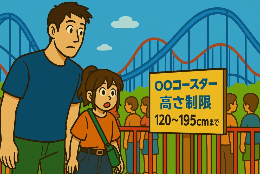 遊園地のコースター前の列で、身長制限「120〜195cm」の看板を見つけ驚く192cmの男性と身長ちっちゃめの女性カップルのイラスト。