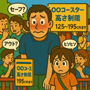 ジェットコースター乗車前の身長測定ゲートで、192cmの男性が赤面して首をすぼめ、周囲の人たちが「セーフ?」「アウト?」とヒソヒソ話している場面のイラスト。