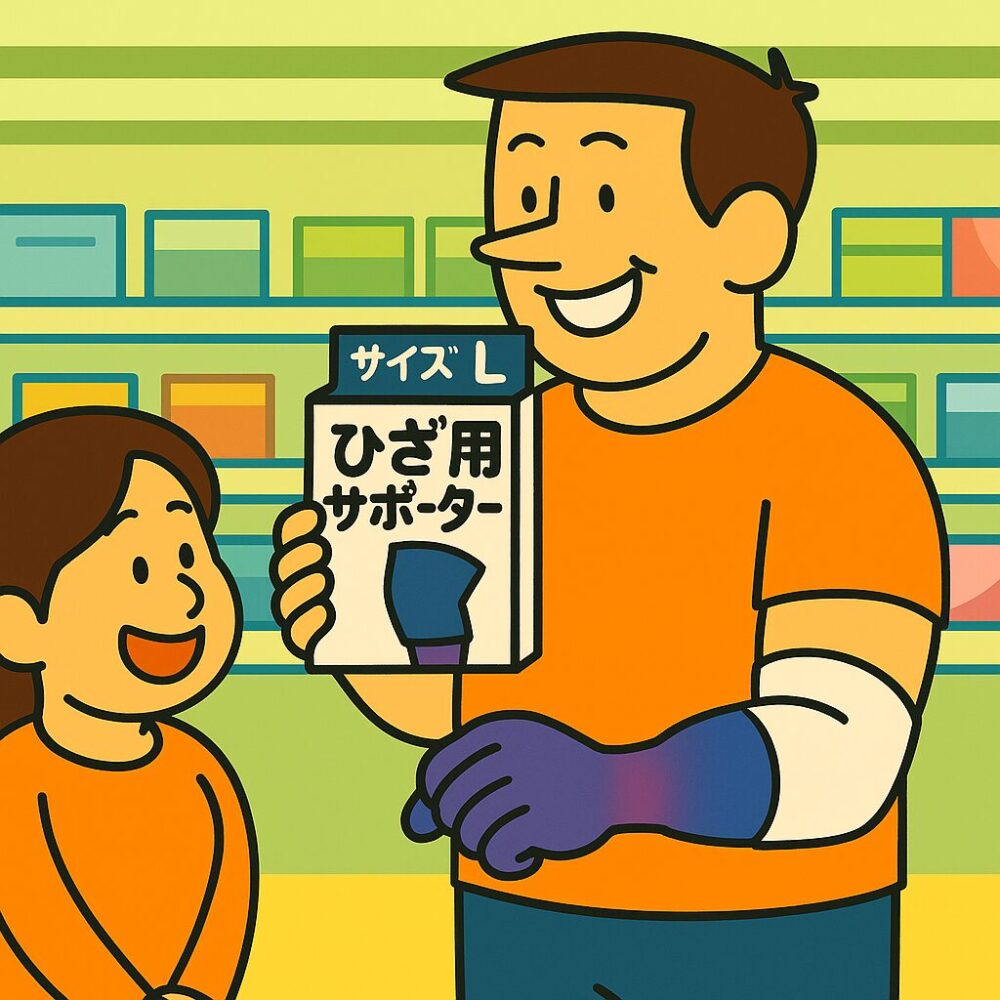 小さすぎる肘サポーターでうっ血した腕を見せる笑顔の男性と小柄な妻、薬局で膝用サポーターを選ぶ様子のイラスト