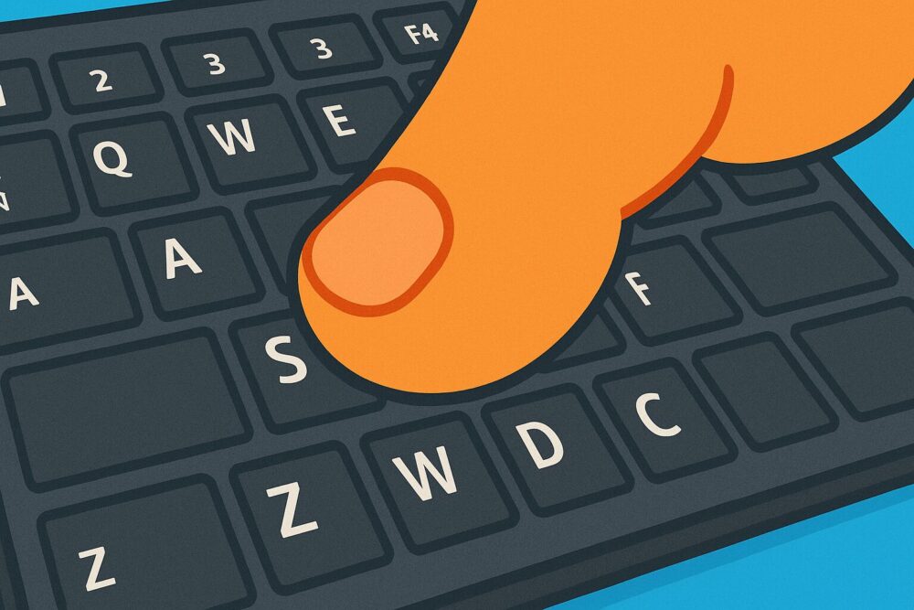 太く大きな指が、パソコンのキーボードで「S」「W」「E」「D」の4つのキーを同時に押している様子を描いたイラスト。