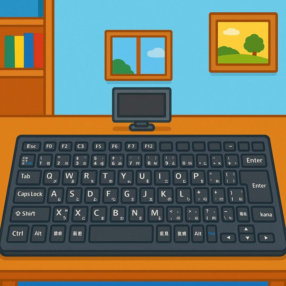机の上に置かれた極端に大きな黒い日本語キーボードと、それに対して小さく見えるパソコンモニター。背景は明るい青壁の書斎で、本棚や窓、風景画が飾られている。