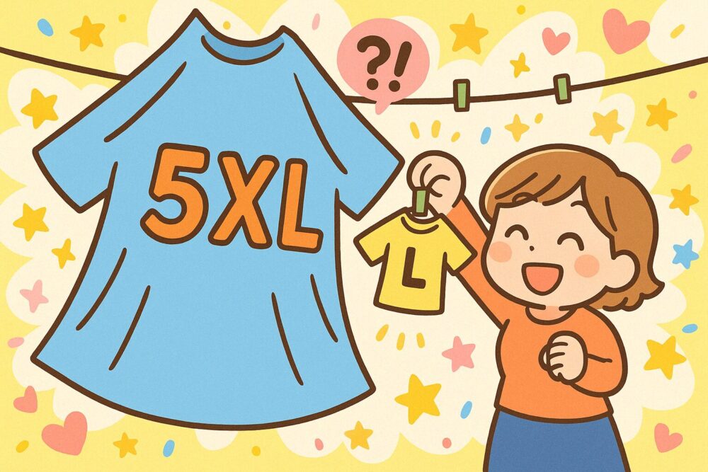 大きな「5XL」サイズのTシャツと、小さな「L」サイズのTシャツを干しながら驚いている女性のイラスト。サイズの呼び名の違いに戸惑う様子を描いている。
