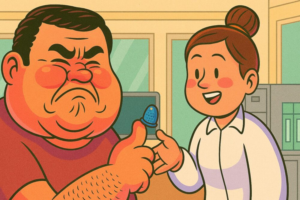 大きな体の男性が、事務所で書類をめくるのに苦労し、後輩から指サックを受け取っている様子