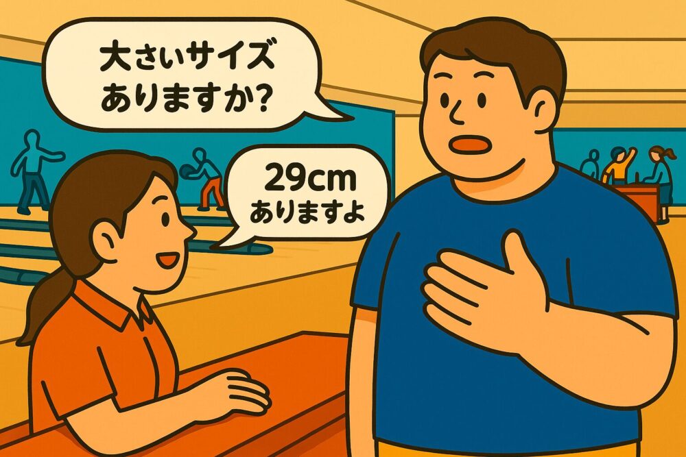 ボウリング場の受付で、足のサイズを確認する背の高い男性と受付女性。背景にはボウリングを楽しむ人々の姿がある。
