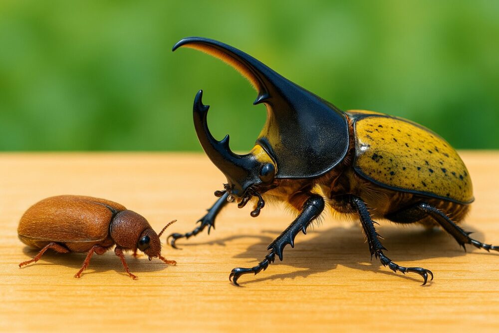 シバンムシの横に立つ巨大なヘラクレスオオカブト。圧倒的なサイズ差がユーモラスに表現された昆虫のツーショット。