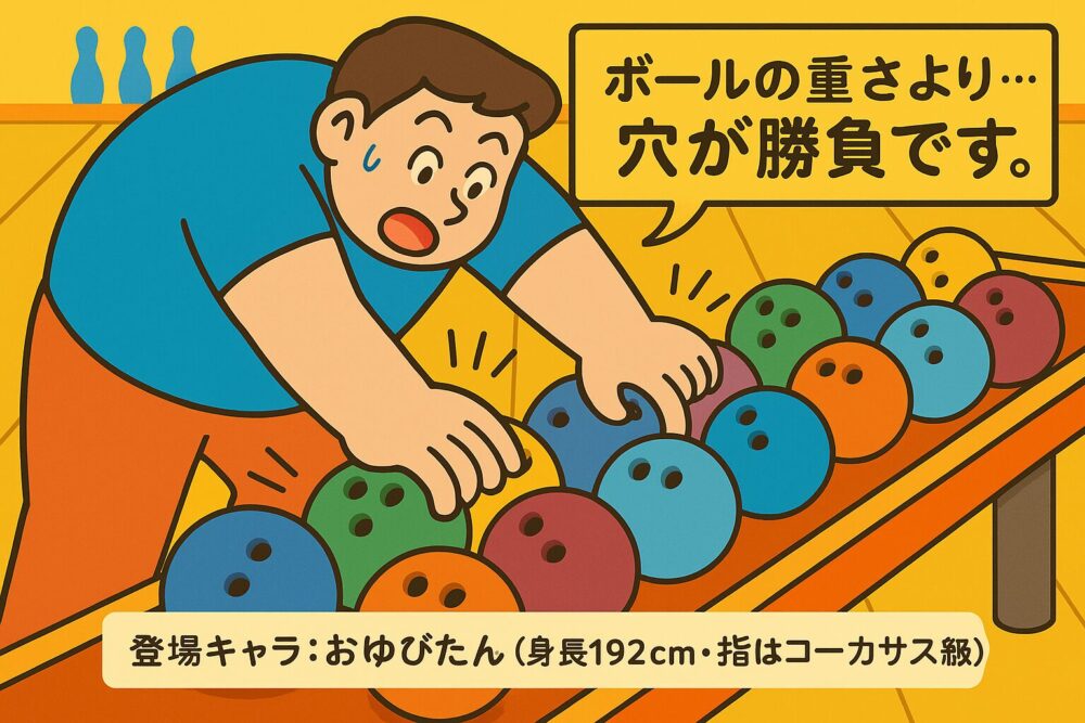 ボウリング場で、球の指穴に次々と親指を試し入れしている大柄な男性。球は棚に並んでおり、男性は真剣な表情で指のサイズを確認している。