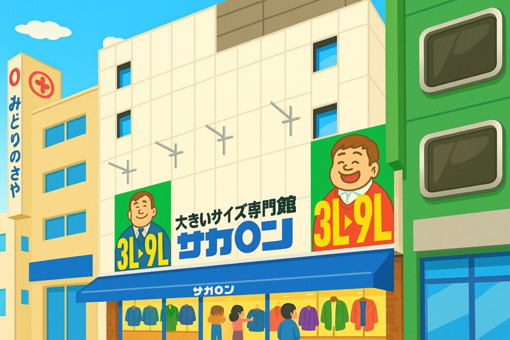 晴れた昼間に、サカ〇ン本店のビル全体が明るく描かれ、1階では買い物客が大きいサイズの服を選んでいるイラスト**