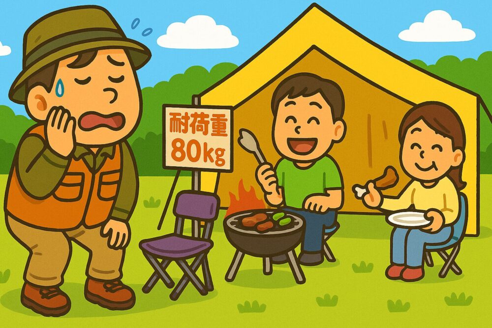 キャンプ場でバーベキュー中、小さな耐荷重80kgの折りたたみ椅子を前に戸惑う体格の大きい男性と、普通体型の人たちが問題なく座って食事を楽しんでいる様子のイラスト**