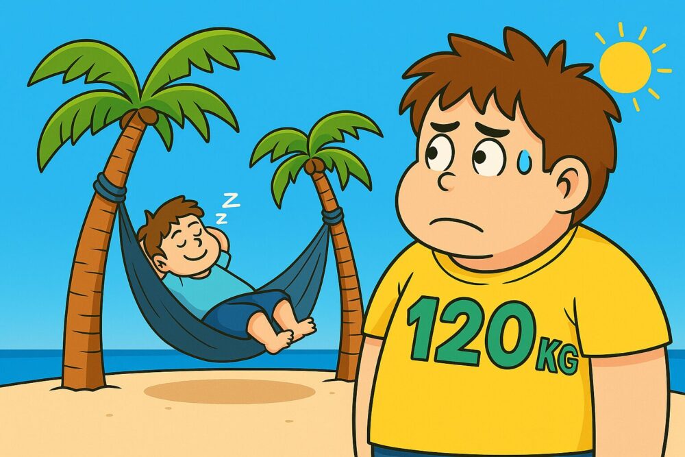 体重120kgの男の子がおそるおそるハンモックを見つめながら遠くから眺めており、その奥では別の人がヤシの木に括られたハンモックで気持ちよさそうに寝ているビーチの様子を描いたイラスト