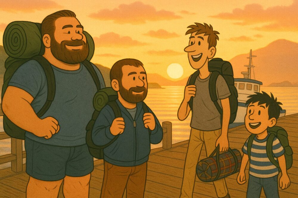 朝焼けの島に上陸した高校生4人組が、桟橋に降り立ったシーンのイラスト