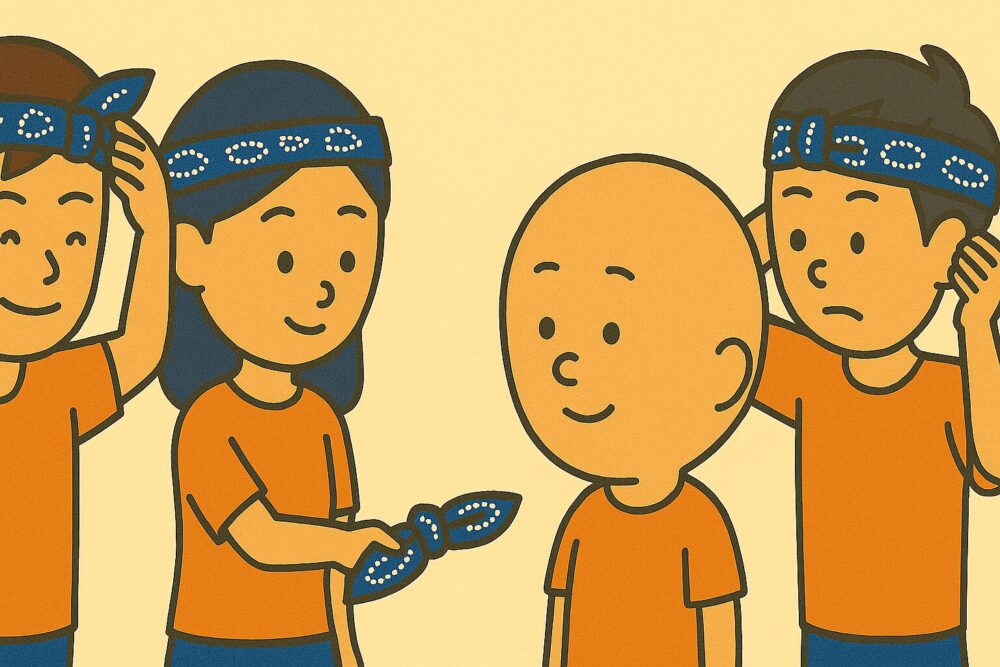 高校の体育祭で、女子生徒からバンダナを手渡されるデカたま様。周囲にはすでにバンダナを巻いている生徒や、巻こうとしている生徒がいる。