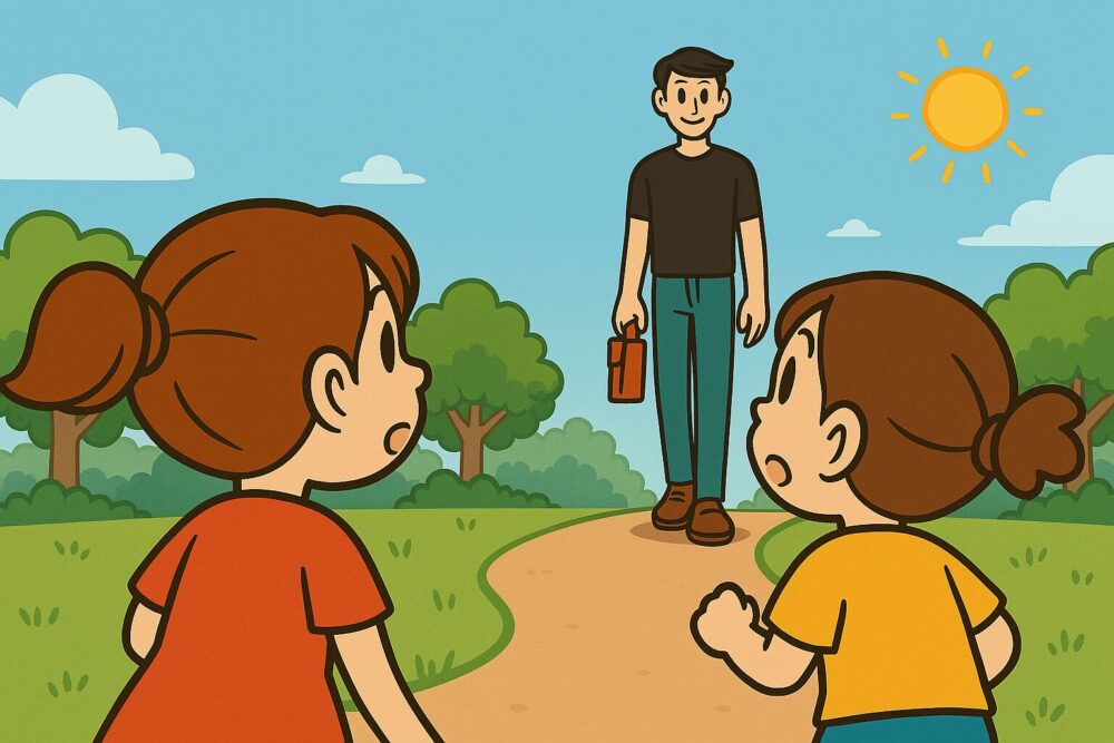 遠くから歩いてくる背の高い男性タッカーズを、公園で小学生の女の子二人が後ろ姿で見つめ、驚いている様子を描いたイラスト。