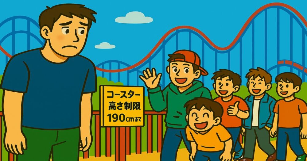 ジェットコースターの身長制限で引っかかって寂しそうに立つ身長192cmの高校生男子と、友達の1人が手を振って笑顔で去っていく遊園地のイラスト
