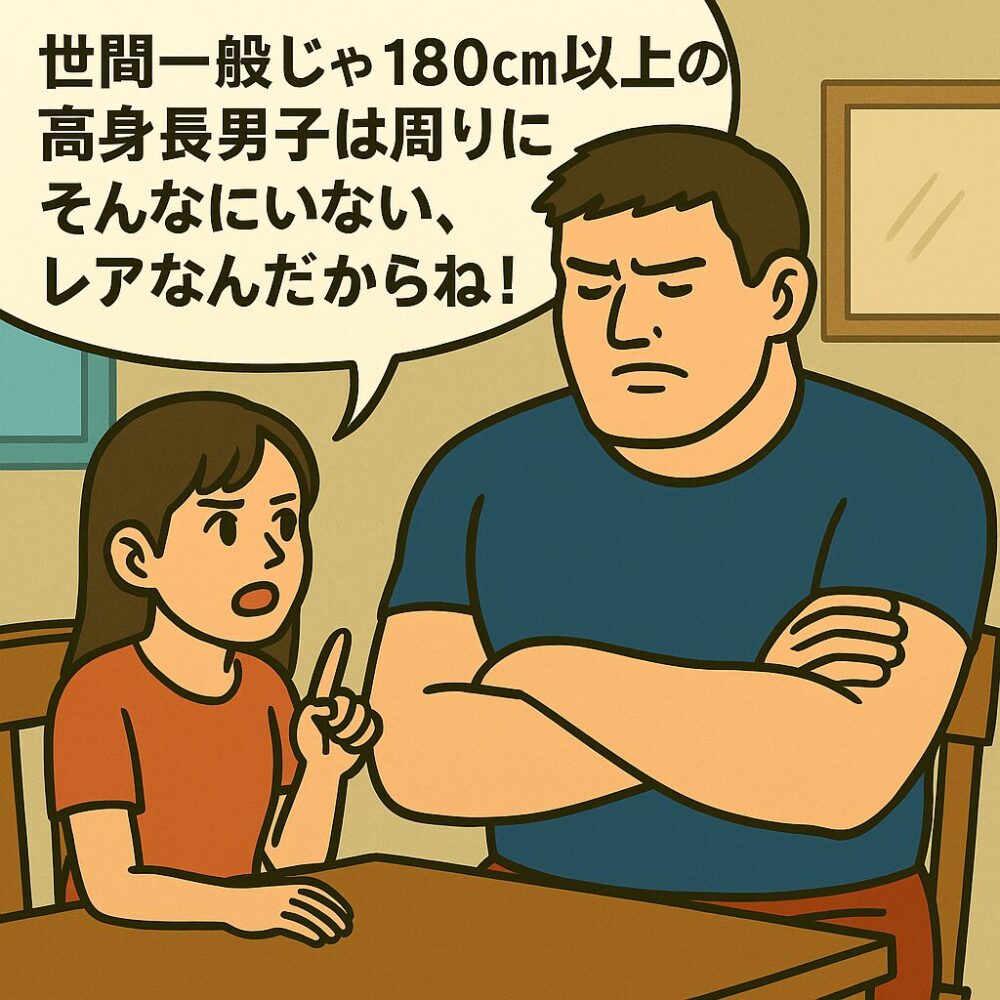 ダイニングのテーブル越しに、姪っ子が指を立てて発言している横で、腕を組んで真剣な表情を浮かべている大柄な若いおじさん(筋肉質・身長192cm・体重115kg)が座っている。吹き出しには「世間一般じゃ180cm以上の高身長男子は周りにそんなにいない、レアなんだからね!」というセリフが表示されている。