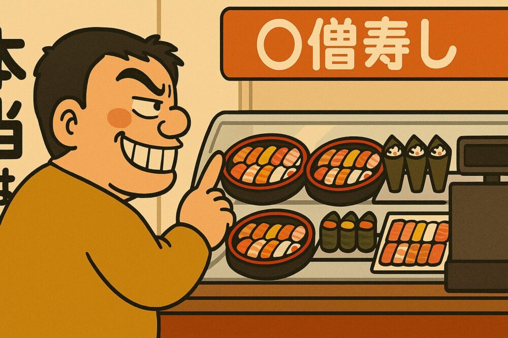 〇僧寿しの店内で、大皿寿司や手巻き寿司を指差して注文しようとするメタポンのイラスト。背景にはショーケースとレジが描かれている。