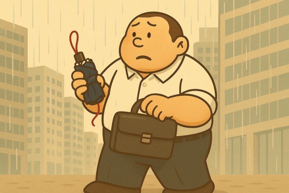 雨の中、ビジネス街で折りたたみ傘を開こうとしている体の大きな男性（メタポン）。スーツのズボンに白い半袖シャツ姿で、表情は少し困り顔。