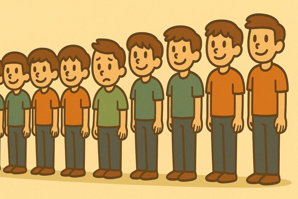 中学2年生の男子10人が背の順に並ぶ中、前から5番目で困った表情のタッカーズが立っている。