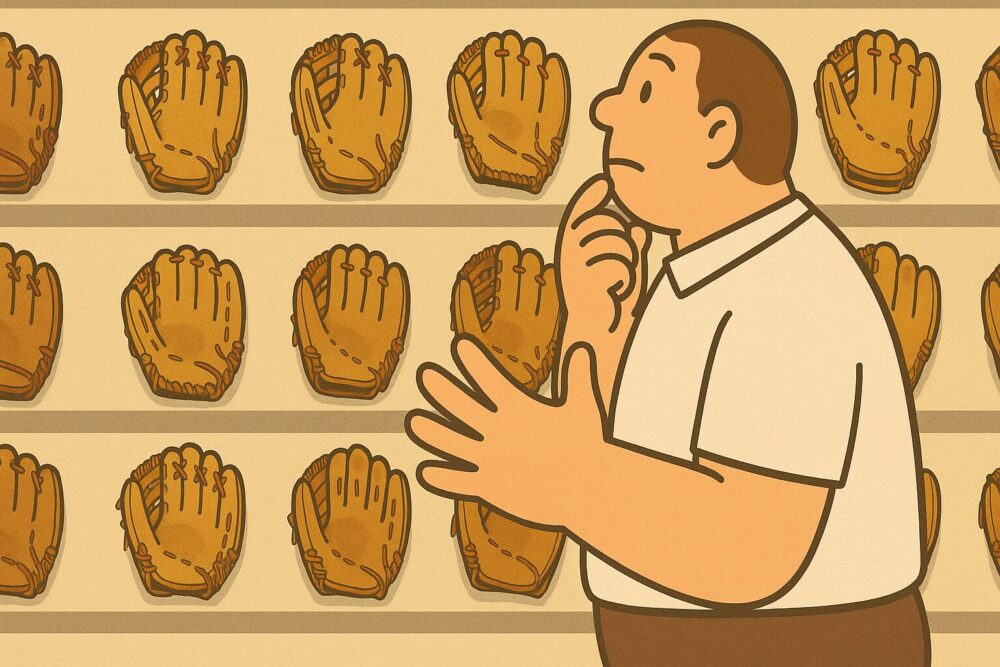 ベースボール専門店でグローブ売り場を見つめる背の高い若い男性。手が大きく、どのグローブにするか悩んでいる様子。