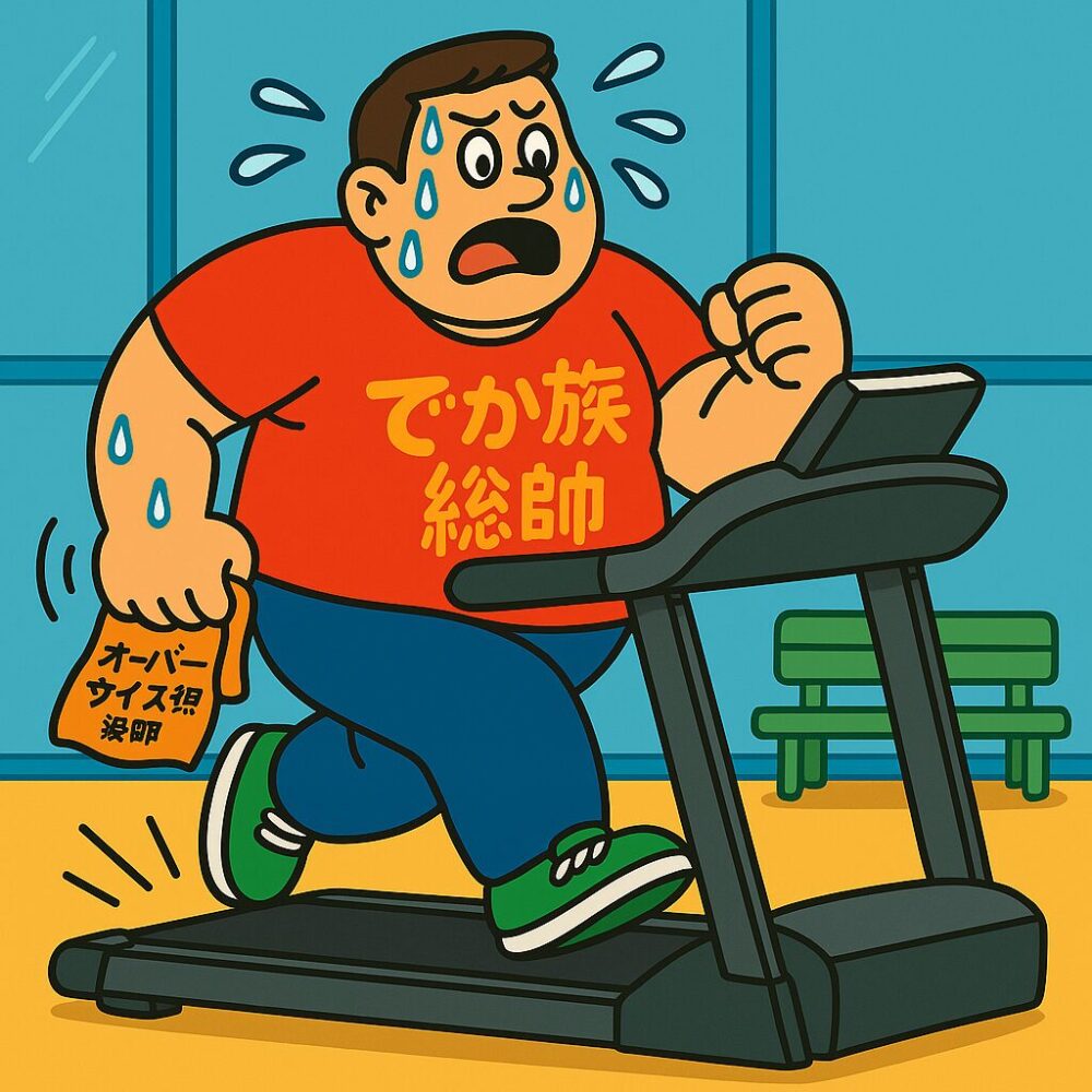 「『でか族総師』と書かれた赤いTシャツを着た大柄な男性が、スポーツジムのランニングマシーンで大汗をかきながら必死に走っている様子のイラスト。背景にジムの窓とベンチ。」