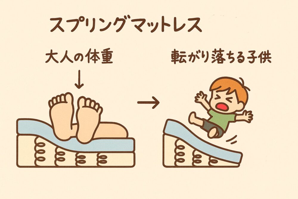 「大人の重みで沈んだスプリングマットレスが坂道になり、子供が転がり落ちる様子のイラスト」
