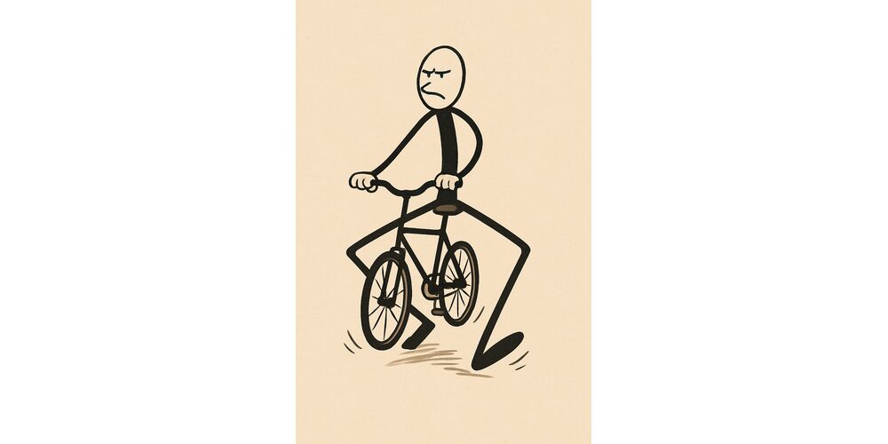 ヤンキー乗りで自転車をこぐ棒人間。膝を大きく外に開いて、必死にペダルをこいでいる様子。