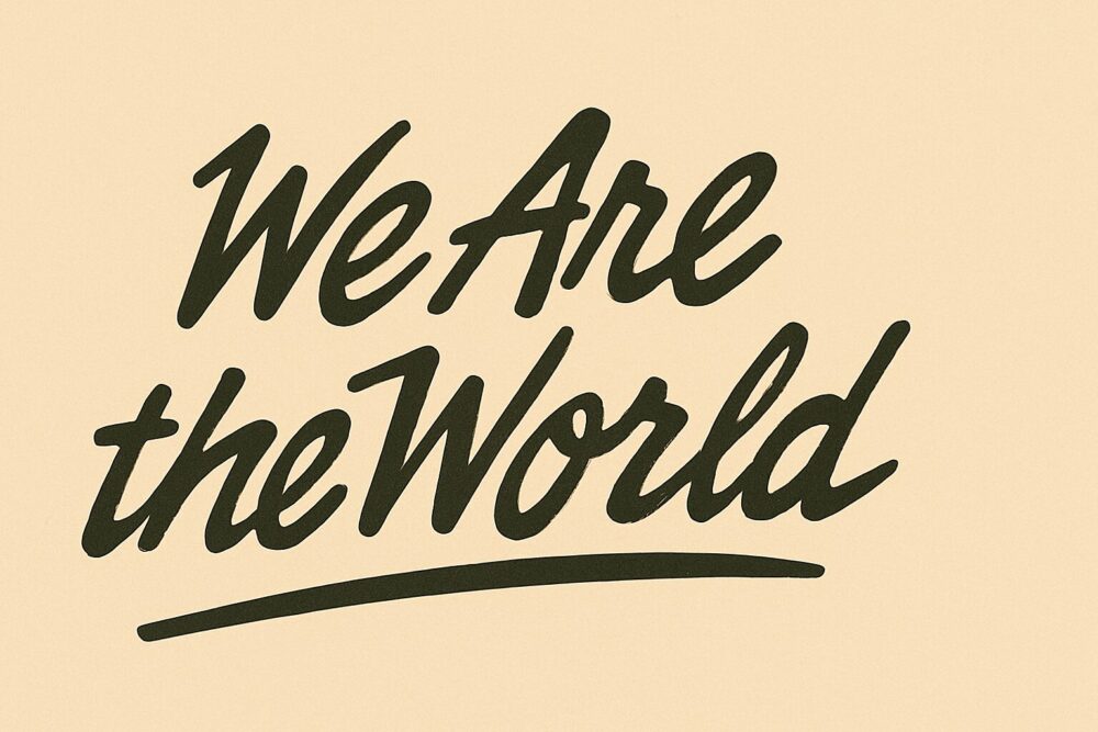「We Are the World」という言葉が、クラシックな筆記体で力強く描かれているグラフィック。背景は温かみのあるベージュ色。