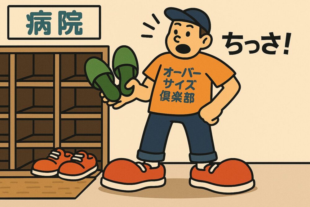 病院の玄関で、下駄箱から緑のビニールスリッパを取り出し「ちっさっ！」と驚くハミ出しシューズ隊の男性のイラスト
