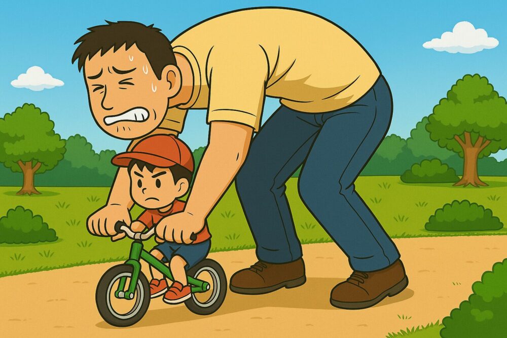 公園で自転車の練習をする男の子を、身長192cmの大柄な父親が前かがみで両手で支えている様子のイラスト