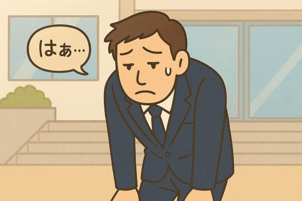 集合写真の撮影場所へ向かう途中、浮かない表情で歩く背の高い男性。写真撮影の苦労を察している様子。