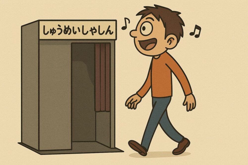 証明写真機の前を鼻歌交じりに歩くタッカーズ（デカたま様）