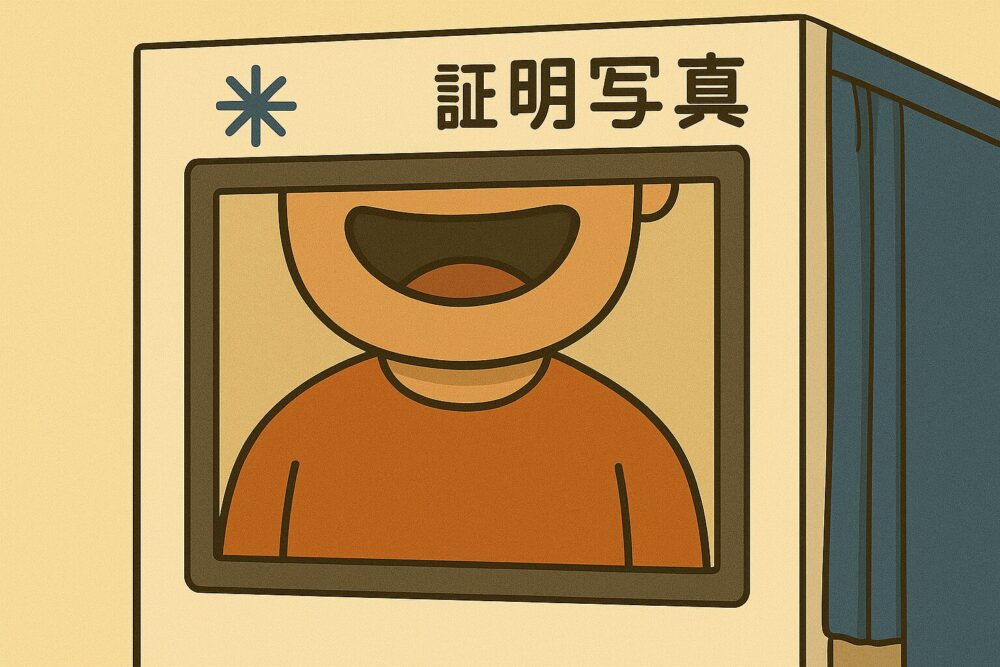 証明写真機のモニターに、顔が入りきらず口から胸までしか映っていないオーバーサイズ倶楽部のメンバー
