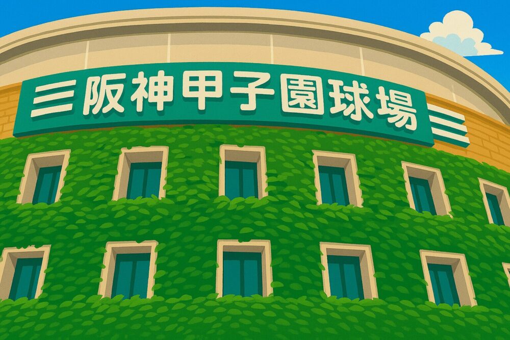 真夏の晴天の下、ツタに覆われた阪神甲子園球場の外観を描いたイラスト