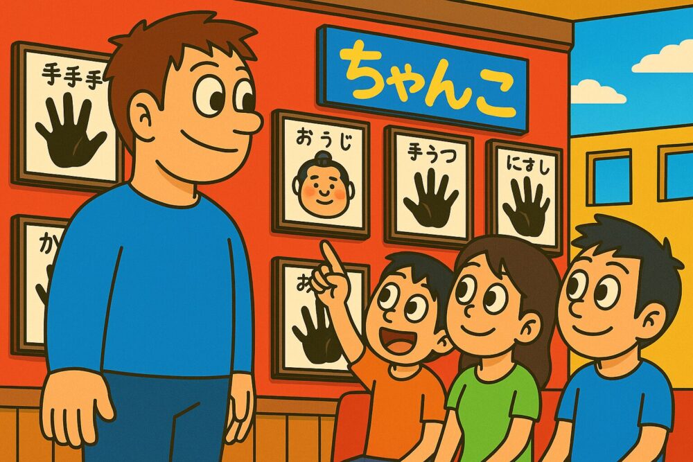 ちゃんこ屋の待合室で、友人たちと一緒に力士の手形の色紙を眺める若い男性たちの様子を描いたイラスト。