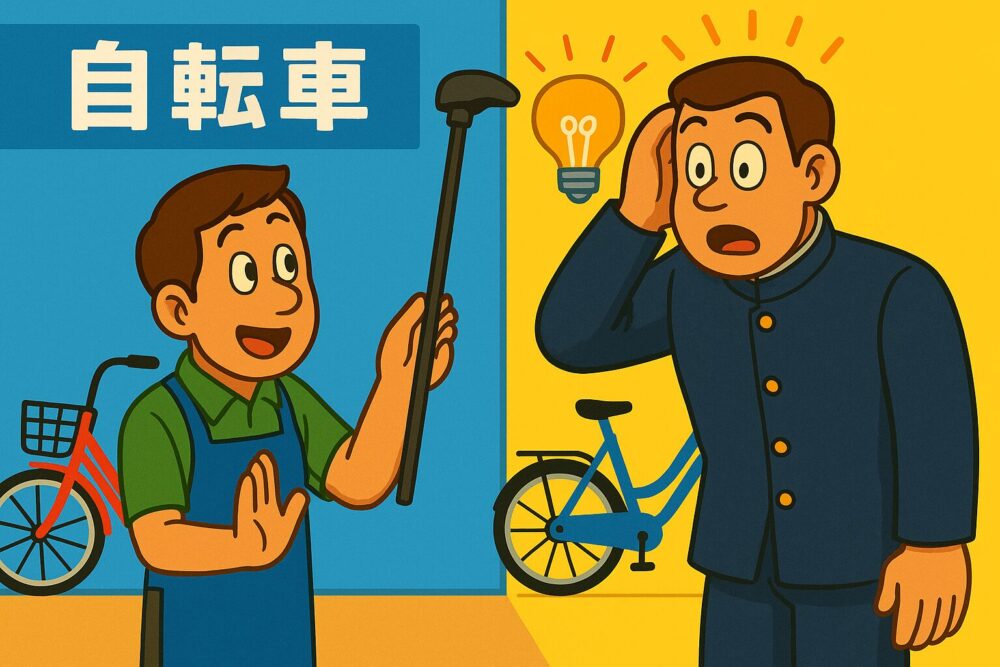 高校3年生のタッカーズが自転車屋で、長いシートポストの存在を知って目から鱗が落ちる瞬間を描いたカラフルなイラスト。