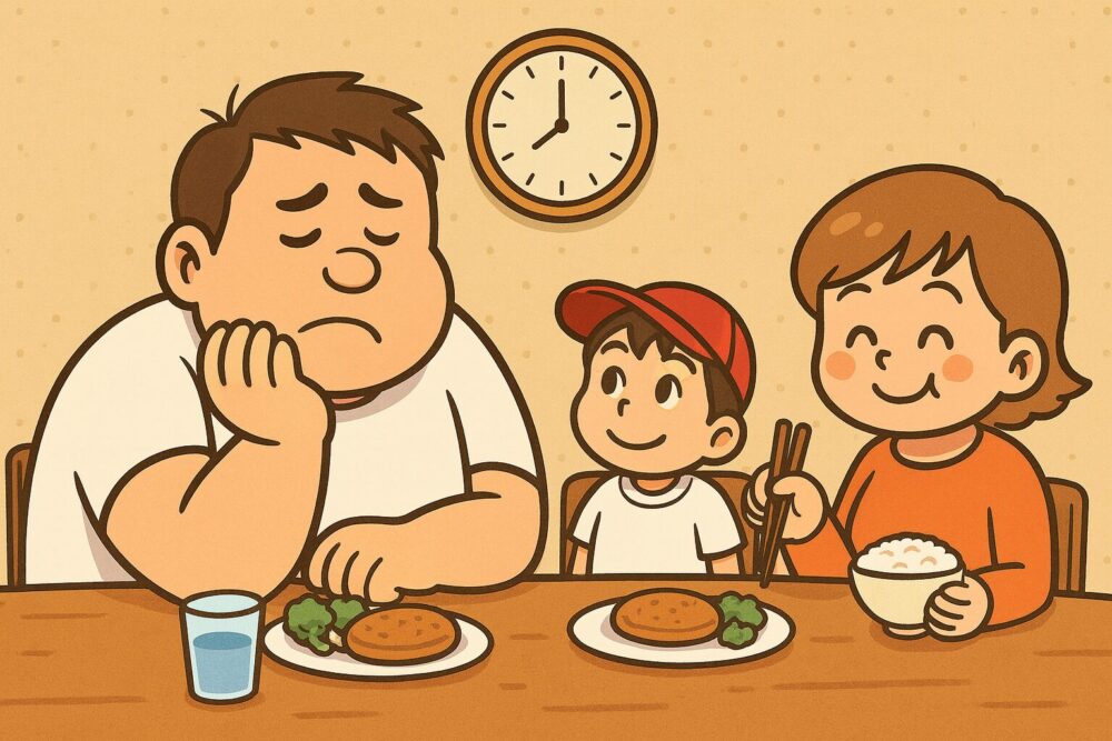 夕食の食卓でショックを受ける体の大きなお父さんと、その横で笑顔の息子とお母さん。