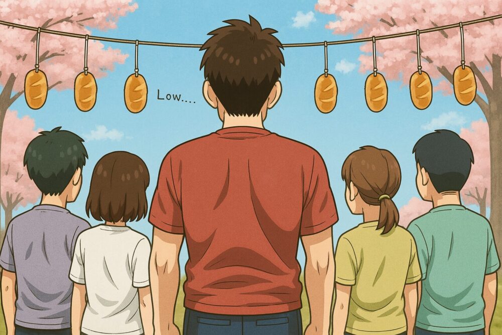 運動会のパン食い競争に並ぶ5人の参加者たちを背後から見たシーン。中央の高身長の男性（タッカーズ）は、吊るされたパンの低さに戸惑っている。
